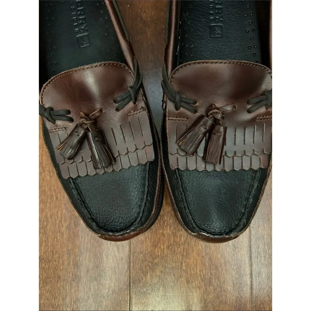 Sperry Top Sider Two-Tone Black and Brown Leather Tassel Loafers, Size 10.5
